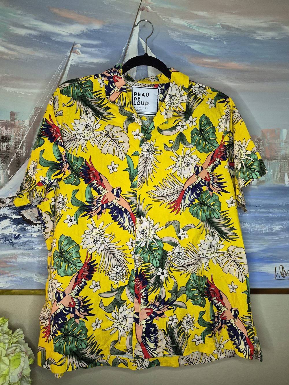 Peau De Loup Yellow Tropical Parrot Floral Short-Sleeve Button-Up Shirt